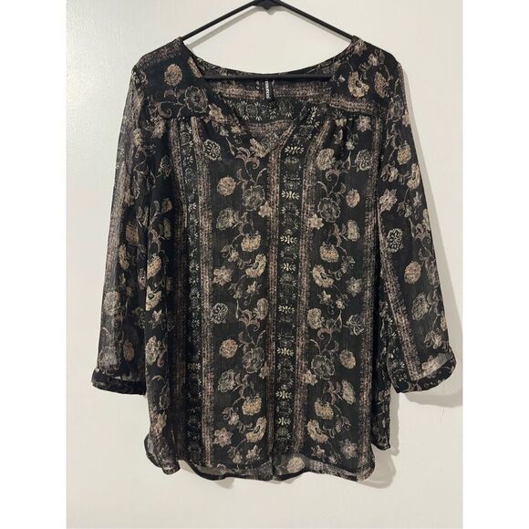 Maurices Women’s Black Pink Floral Sheer Peasant Blouse sz 0 (14) Boho Whimsical - Picture 2 of 4